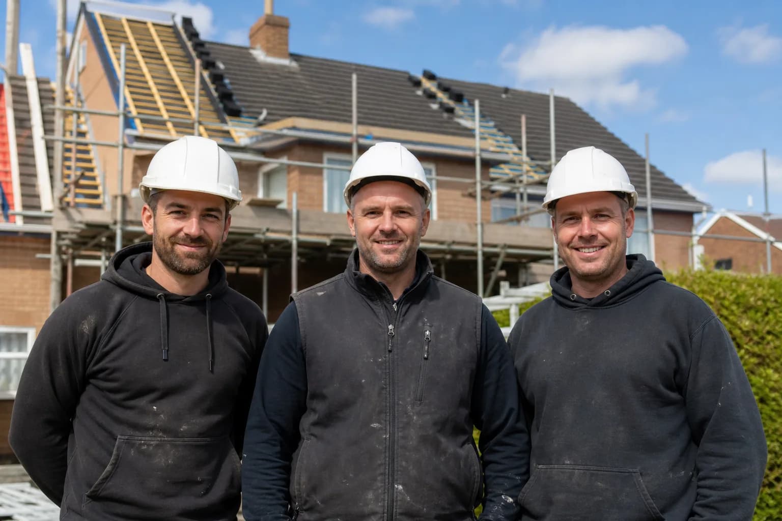 The Altitude Roofing South team in front of a scaffolded project